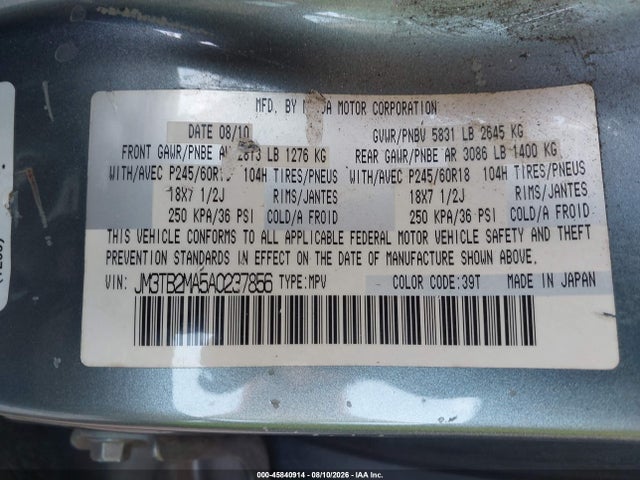 45840914 :رقم المزاد ، JM3TB2MA5A0237856 vin ، 2010 Mazda Cx-9 Touring مزاد بيع