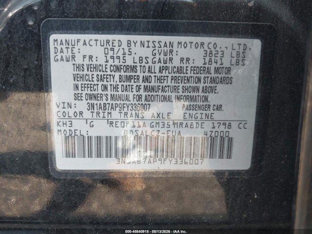 Auction sale of the 2015 Nissan Sentra S, vin: 3N1AB7AP9FY336007, lot number: 45840918
