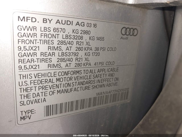 Продажа на аукционе авто 2017 Audi Q7 3.0t Premium, vin: WA1VAAF77HD010312, номер лота: 45840925