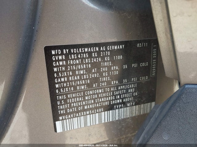 45840926 :رقم المزاد ، WVGAV7AXXBW542485 vin ، 2011 Volkswagen Tiguan S مزاد بيع