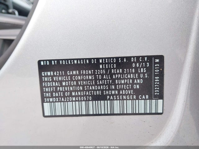 Aukcja sprzedaży 2013 Volkswagen Jetta 2.5l Se, vin: 3VWDX7AJ2DM450570, numer aukcji: 45840927