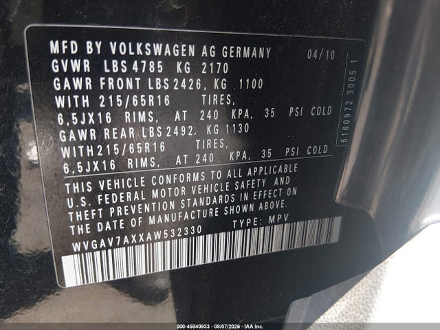 45840933 :رقم المزاد ، WVGAV7AXXAW532330 vin ، 2010 Volkswagen Tiguan S مزاد بيع
