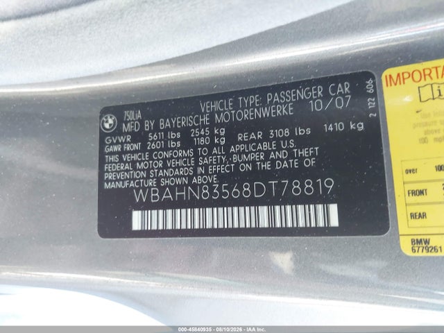 Продаж на аукціоні авто 2008 Bmw 750li, vin: WBAHN83568DT78819, номер лоту: 45840935