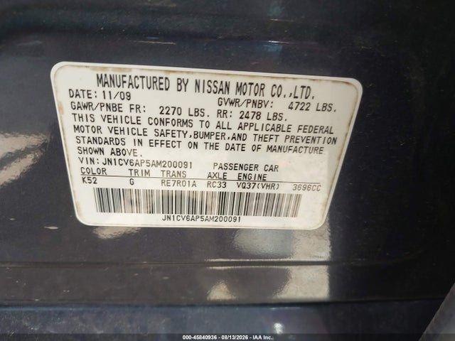 2010 Infiniti G37 Journey მანქანა იყიდება აუქციონზე, vin: JN1CV6AP5AM200091, აუქციონის ნომერი: 45840936