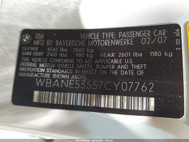 Aukcja sprzedaży 2007 Bmw 525i, vin: WBANE53557CY07762, numer aukcji: 45840938