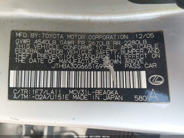 Aukcja sprzedaży 2006 Lexus Es 330, vin: JTHBA30G665169969, numer aukcji: 45840954