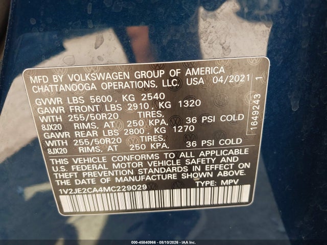 Aukcja sprzedaży 2021 Volkswagen Atlas Cross Sport 3.6l V6 Se W/technology, vin: 1V2JE2CA4MC229029, numer aukcji: 45840966