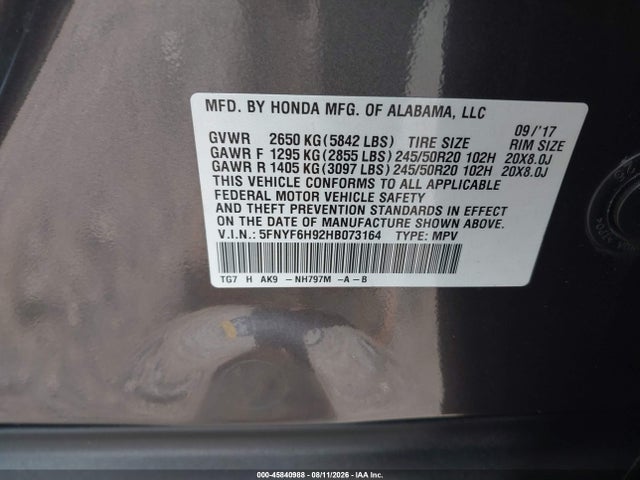 Honda Pilot Touring 2017 5FNYF6H92HB073164 Image 9