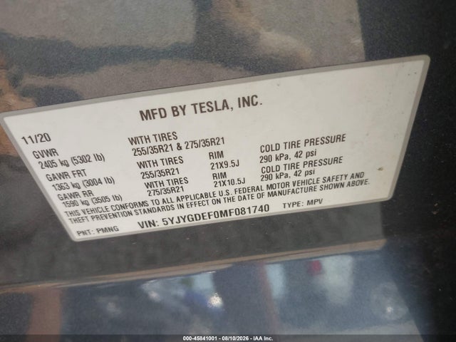 Aukcja sprzedaży 2021 Tesla Model Y Performance Dual Motor All-wheel Drive, vin: 5YJYGDEF0MF081740, numer aukcji: 45841001