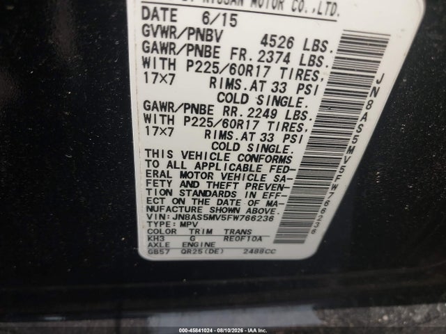 45841024 :رقم المزاد ، JN8AS5MV5FW766236 vin ، 2015 Nissan Rogue Select S مزاد بيع