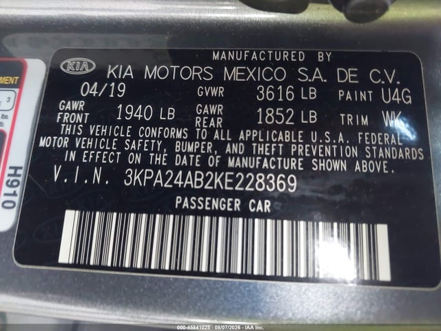 2019 Kia Rio S მანქანა იყიდება აუქციონზე, vin: 3KPA24AB2KE228369, აუქციონის ნომერი: 45841025