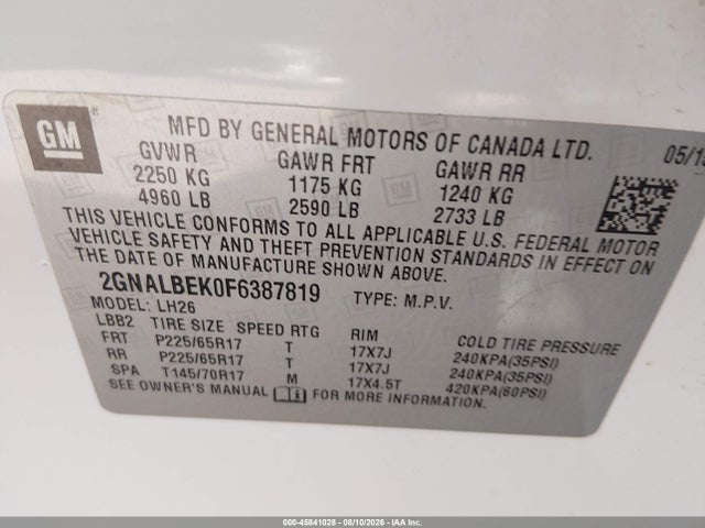 2GNALBEK0F6387819 Chevrolet EQUINOX LT