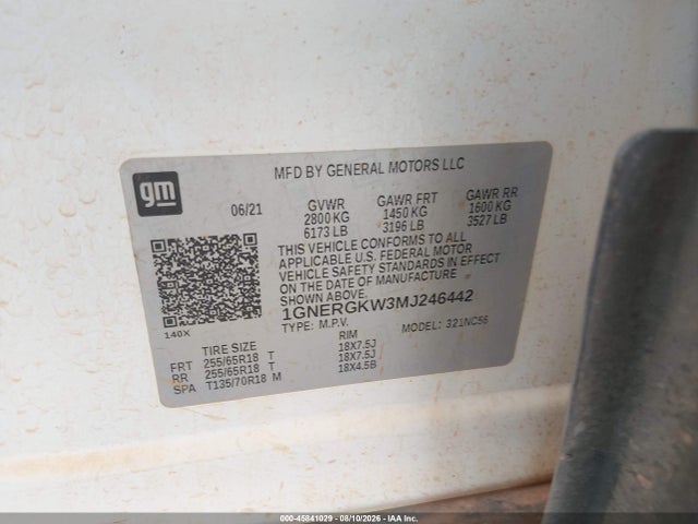 45841029 :رقم المزاد ، 1GNERGKW3MJ246442 vin ، 2021 Chevrolet Traverse Fwd Lt Cloth مزاد بيع