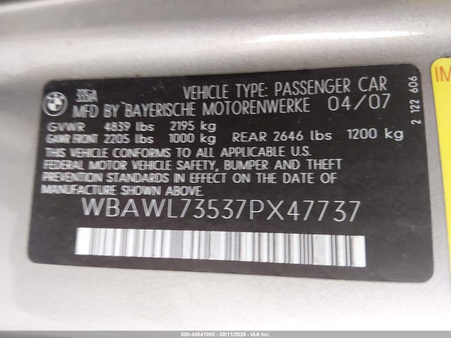 Aukcja sprzedaży 2007 Bmw 335i, vin: WBAWL73537PX47737, numer aukcji: 45841085