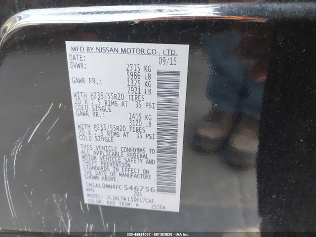 2015 Infiniti Qx60 მანქანა იყიდება აუქციონზე, vin: 5N1AL0MN4FC546756, აუქციონის ნომერი: 45841087