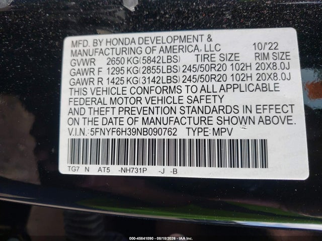 2022 Honda Pilot Awd Sport მანქანა იყიდება აუქციონზე, vin: 5FNYF6H39NB090762, აუქციონის ნომერი: 45841090