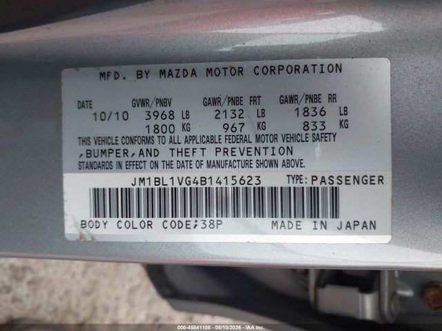 45841108 :رقم المزاد ، JM1BL1VG4B1415623 vin ، 2011 Mazda Mazda3 I Touring مزاد بيع