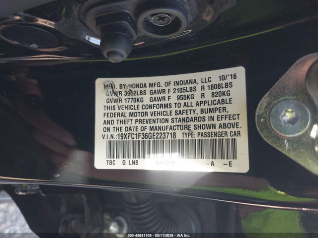 45841109 :رقم المزاد ، 19XFC1F36GE223718 vin ، 2016 Honda Civic Ex-t مزاد بيع