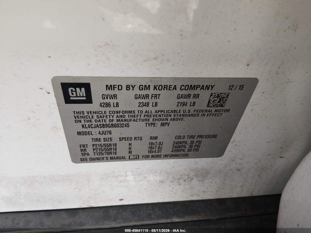 2016 Buick Encore მანქანა იყიდება აუქციონზე, vin: KL4CJASB9GB603245, აუქციონის ნომერი: 45841110