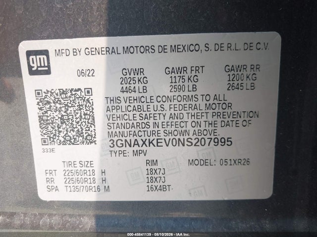 Продаж на аукціоні авто 2022 Chevrolet Equinox Fwd Lt, vin: 3GNAXKEV0NS207995, номер лоту: 45841139