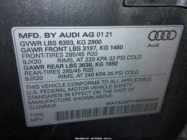 Aukcja sprzedaży 2021 Audi Q7 Premium 45 Tfsi Quattro Tiptronic, vin: WA1AJAF71MD029608, numer aukcji: 45841147