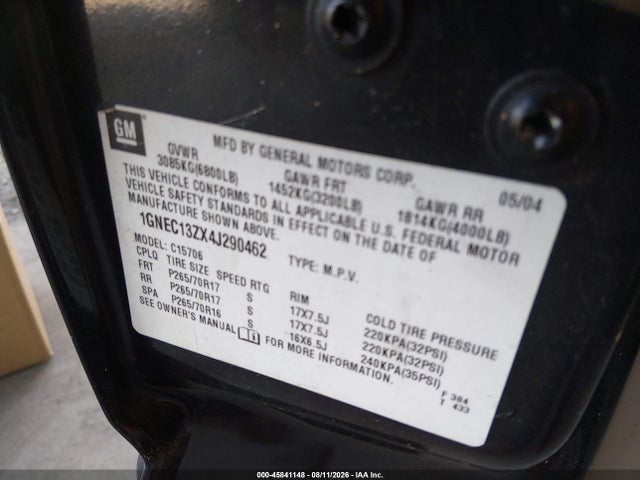 Aukcja sprzedaży 2004 Chevrolet Tahoe Ls, vin: 1GNEC13ZX4J290462, numer aukcji: 45841148