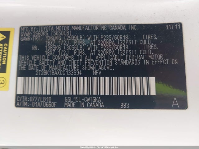 Продаж на аукціоні авто 2012 Lexus Rx 350, vin: 2T2BK1BAXCC133594, номер лоту: 45841151