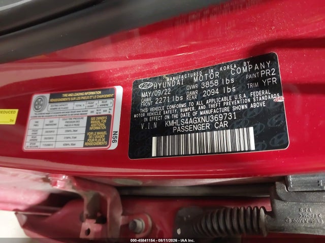 Продажа на аукционе авто 2022 Hyundai Elantra Sel, vin: KMHLS4AGXNU369731, номер лота: 45841154
