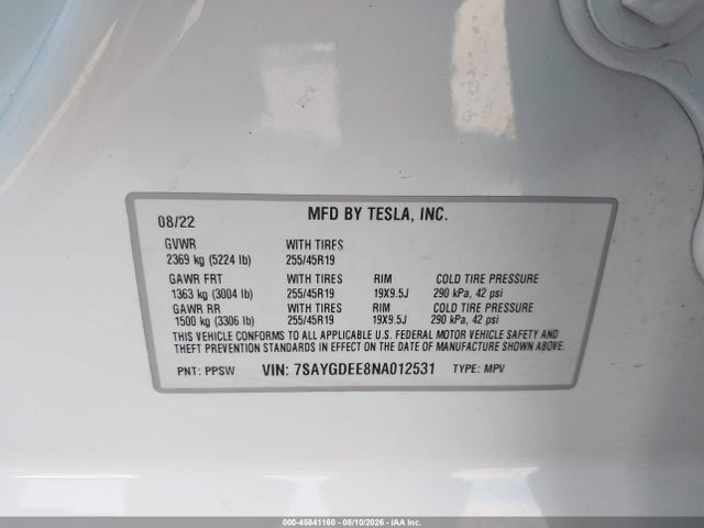 Продаж на аукціоні авто 2022 Tesla Model Y Long Range Dual Motor All-wheel Drive, vin: 7SAYGDEE8NA012531, номер лоту: 45841160
