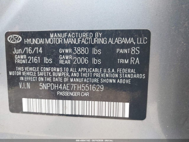 45841162 :رقم المزاد ، 5NPDH4AE7FH551629 vin ، 2015 Hyundai Elantra Se مزاد بيع