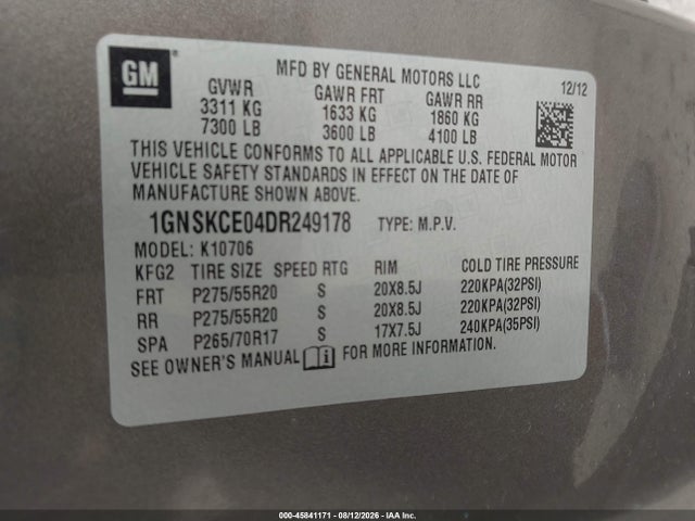 Auction sale of the 2013 Chevrolet Tahoe Ltz, vin: 1GNSKCE04DR249178, lot number: 45841171