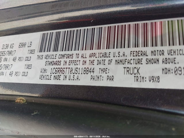 45841173 :رقم المزاد ، 1C6RR6TT0JS118844 vin ، 2018 Ram 1500 مزاد بيع
