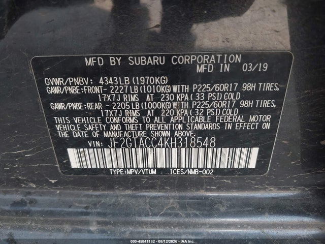 45841182 :رقم المزاد ، JF2GTACC4KH318548 vin ، 2019 Subaru Crosstrek 2.0i Premium مزاد بيع