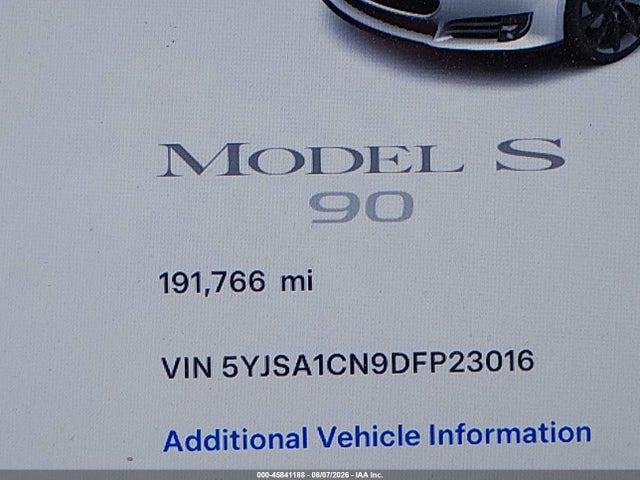 45841188 :رقم المزاد ، 5YJSA1CN9DFP23016 vin ، 2013 Tesla Model S مزاد بيع