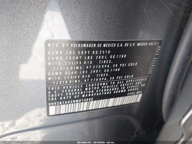 3VV2B7AX2NM014592 Volkswagen Tiguan 2.0t Se