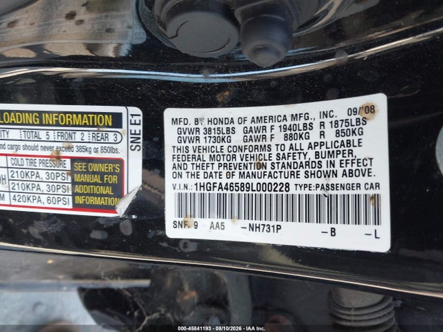 45841193 :رقم المزاد ، 1HGFA46589L000228 vin ، 2009 Honda Civic Gx مزاد بيع