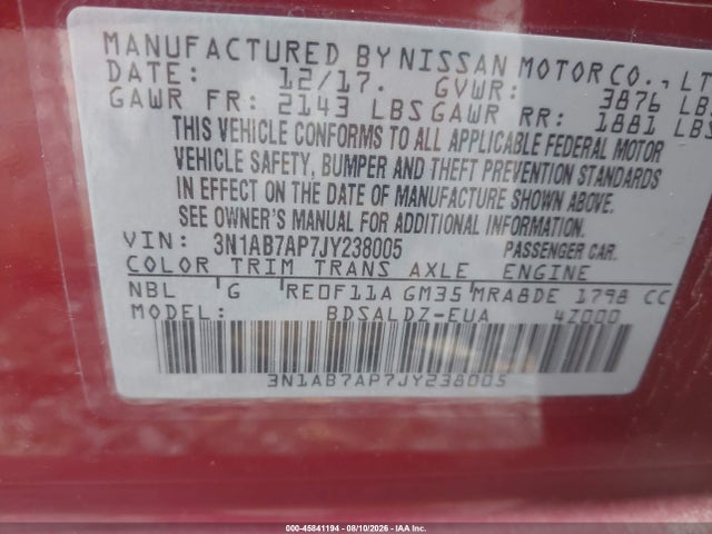 Продаж на аукціоні авто 2018 Nissan Sentra Sv, vin: 3N1AB7AP7JY238005, номер лоту: 45841194