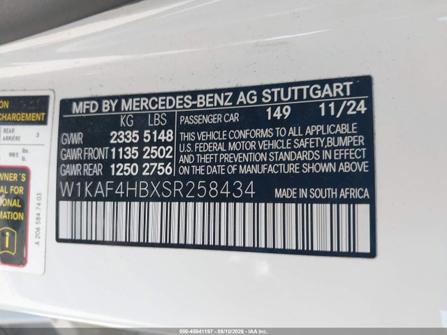 Aukcja sprzedaży 2025 Mercedes-benz C 300, vin: W1KAF4HBXSR258434, numer aukcji: 45841197