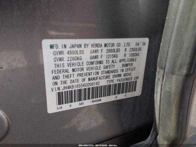 Aukcja sprzedaży 2006 Acura Rl 3.5, vin: JH4KB16556C008192, numer aukcji: 45841214