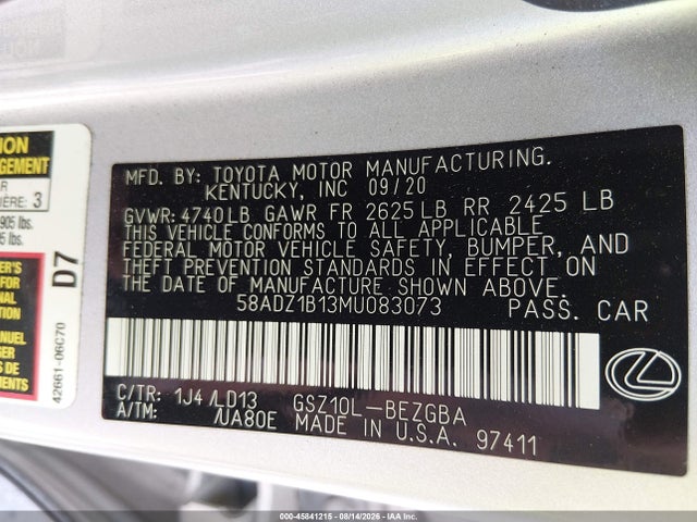 Продажа на аукционе авто 2021 Lexus Es 350, vin: 58ADZ1B13MU083073, номер лота: 45841215