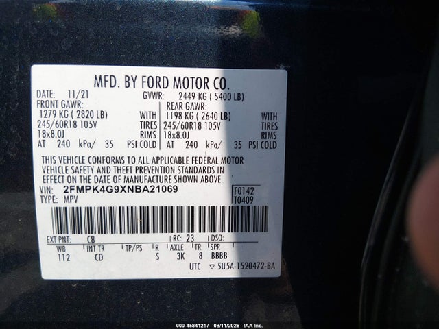 45841217 :رقم المزاد ، 2FMPK4G9XNBA21069 vin ، 2022 Ford Edge Se مزاد بيع