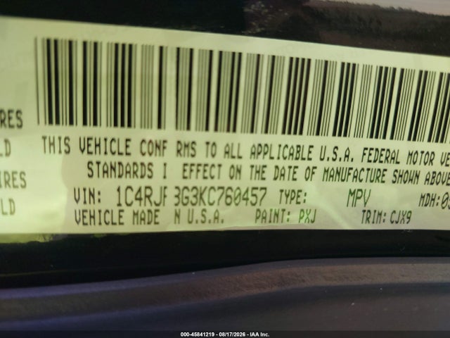 Продаж на аукціоні авто 2019 Jeep Grand Cherokee Limited 4x4, vin: 1C4RJFBG3KC760457, номер лоту: 45841219
