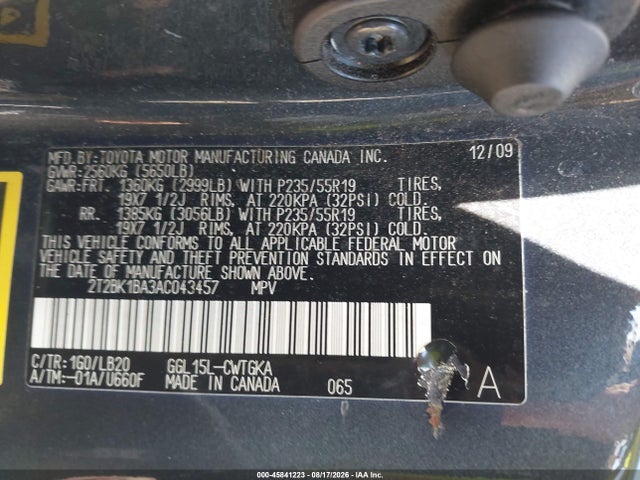 2010 Lexus Rx 350 მანქანა იყიდება აუქციონზე, vin: 2T2BK1BA3AC043457, აუქციონის ნომერი: 45841223