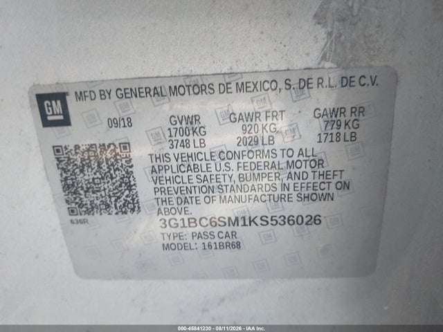 45841230 :رقم المزاد ، 3G1BC6SM1KS536026 vin ، 2019 Chevrolet Cruze Ls مزاد بيع