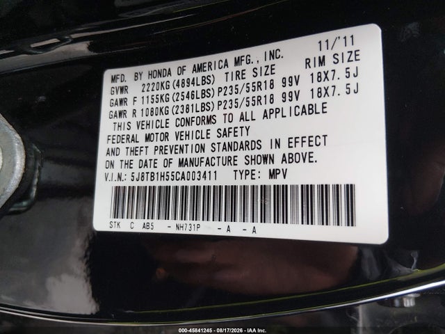 45841245 :رقم المزاد ، 5J8TB1H55CA003411 vin ، 2012 Acura Rdx مزاد بيع