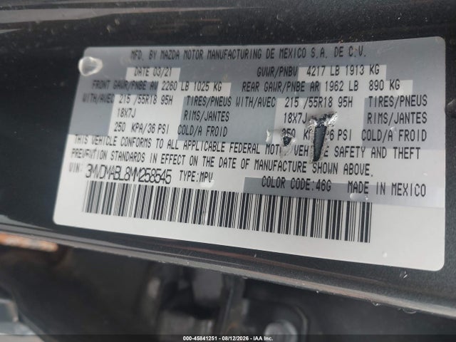 45841251 :رقم المزاد ، 3MVDMABL8MM258545 vin ، 2021 Mazda Cx-30 Select مزاد بيع