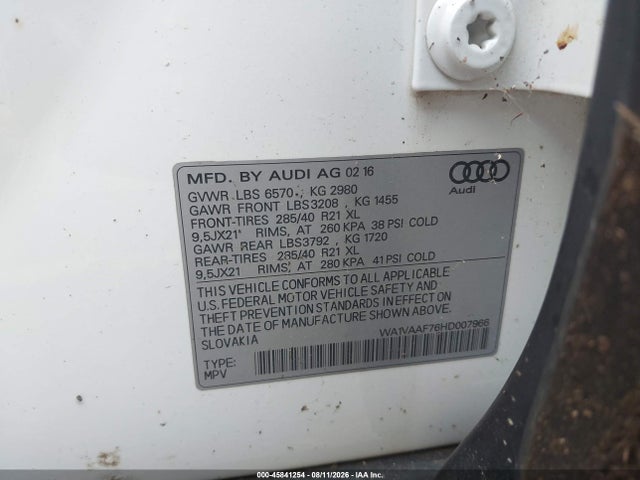 45841254 :رقم المزاد ، WA1VAAF76HD007966 vin ، 2017 Audi Q7 3.0t Premium مزاد بيع