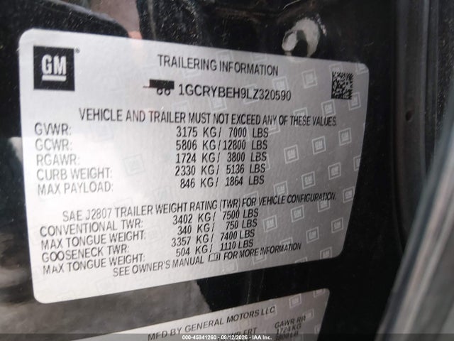 45841260 :رقم المزاد ، 1GCRYBEH9LZ320590 vin ، 2020 Chevrolet Silverado 1500 4wd  Standard Bed Custom مزاد بيع