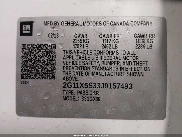 45841261 :رقم المزاد ، 2G11X5S33J9157493 vin ، 2018 Chevrolet Impala 1fl مزاد بيع