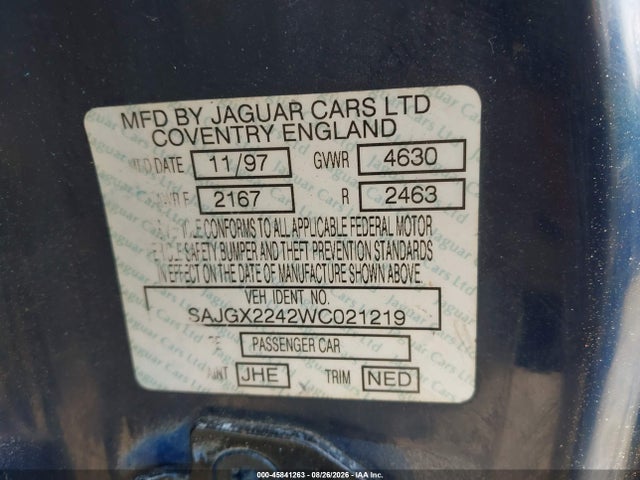 45841263 :رقم المزاد ، SAJGX2242WC021219 vin ، 1998 Jaguar Xk8 مزاد بيع